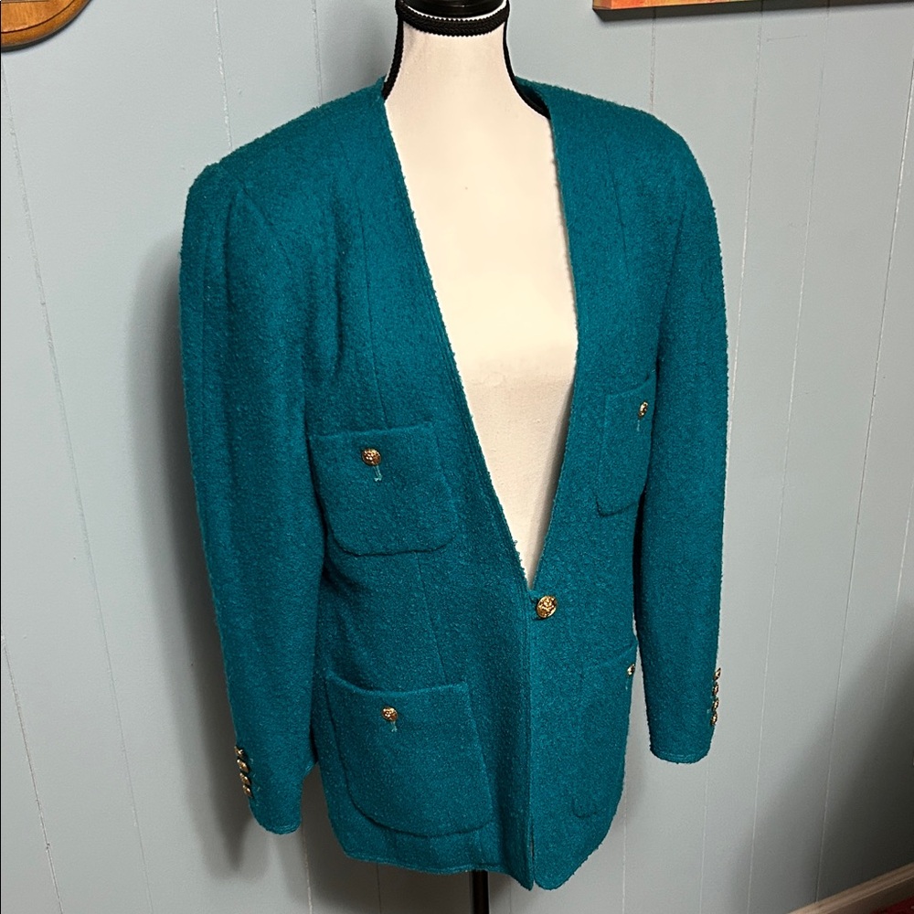 Teal Open Front Blazer with Gold Buttons